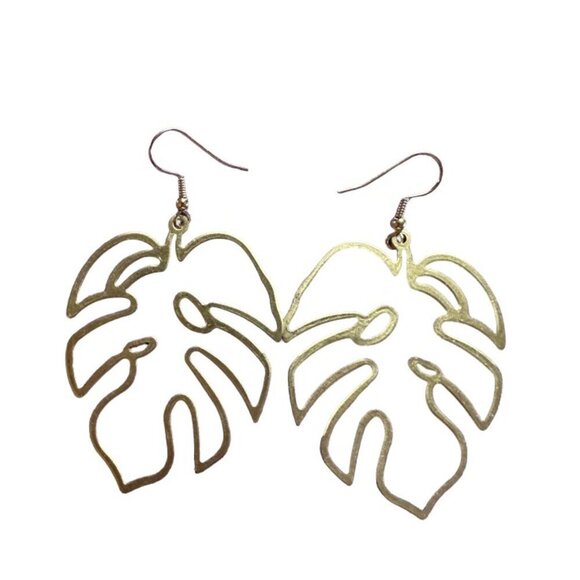 Tortoise Leaf Cutout Earrings Gold Plated French Hooks - Picture 2 of 10